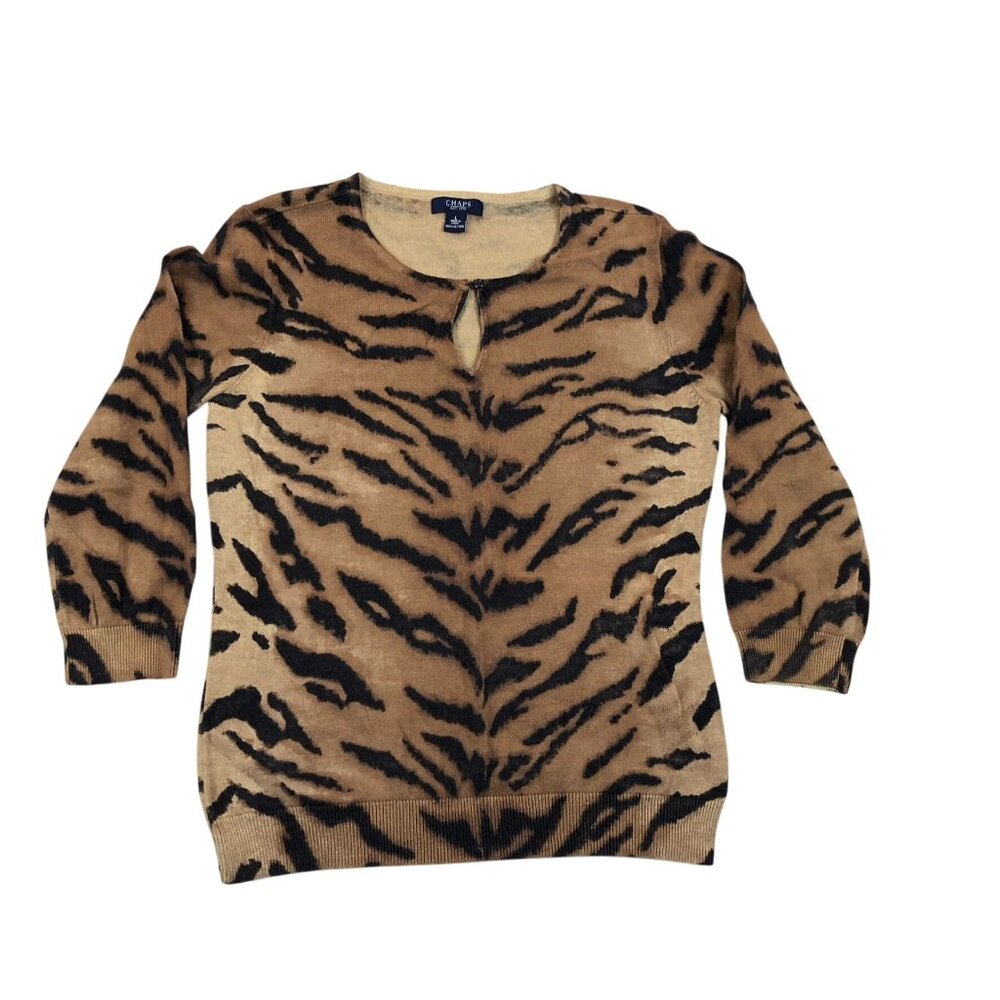 Chaps Womens Knit Sweater Large Brown Tiger Keyhole Neck 100% Cotton Preppy